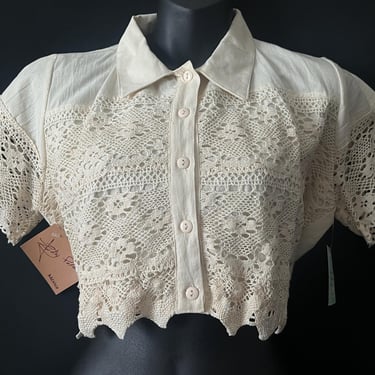 linen crochet crop top vintage 1990s grunge boho cropped blouse XL 