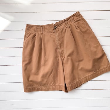 high waisted shorts | 90s vintage light brown cotton khaki academia style pleated shorts 