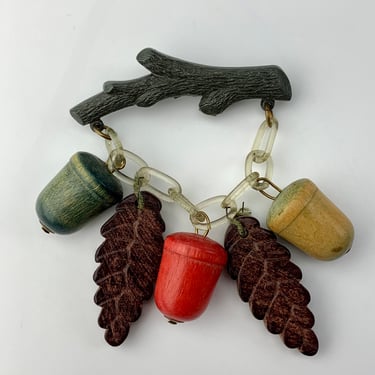 1930's Acorn Brooch On a Branch - Carved Wooden Leaves - Colored Wood Acorns - Clear Celluloid Chain 