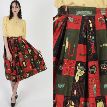 50s Laura Jean Allen Skirt, 1953 Mid Century Hook N Ladder Print, Vintage Novelty Fireman High Waist 