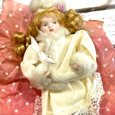 VINTAGE: Porcelain Doll Ornament - Fabric Doll - Christmas Doll - Doll Ornament - SKU 00035667 