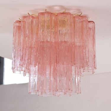 Plafoniera con vetri di Murano Tronchi colore rosa, lampadario soffitto diametro 35 cm design stile vintage Made in Italy 