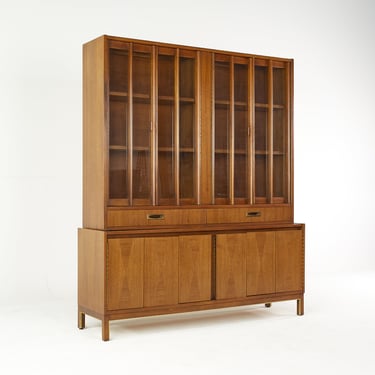 American of Martinsville Mid Century Walnut and Brass China Cabinet and Hutch - mcm 
