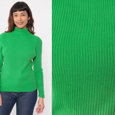 Kelly Green Turtleneck Sweater 70s Ribbed Knit Pullover Sweater Retro Fitted Plain Minimalist Knitwear Vintage 1970s Acrylic Small Medium 
