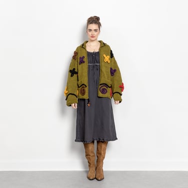 CHUNKY WOOL FLOWERS Floral Cardigan Cardi Sweater Jumper Green Oversize Knitwear / Large Xl Extra Large 