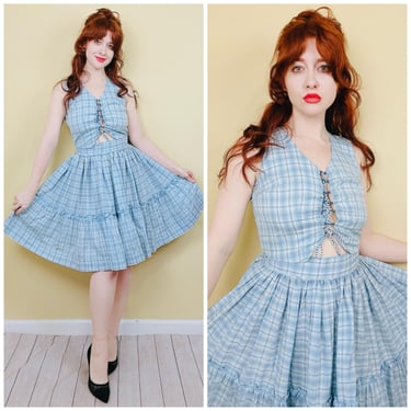 1970s Vintage Baby Blue Plaid Vest Set / 70s Cotton Lace Up Corset Crop Top And Circle Skirt Western / Medium 