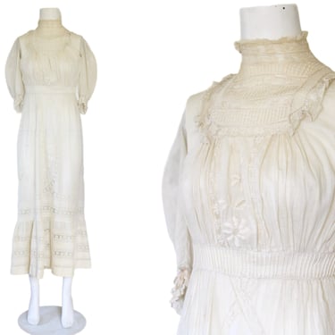 Antique Edwardian Lawn Cotton Dress Hand Embroidered Whitework and Lace Inserts 