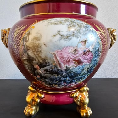 French Limoges Porcelain Burgundy Red Parcel Gilt Hand Painted Vase Jardiniere Cache Pot Centerpiece w/ Elephant Handles On Stand 