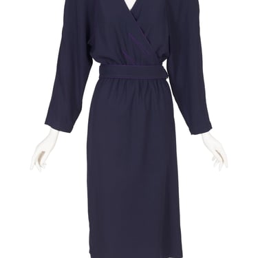 Thierry Mugler 1984-1985 F/W Vintage Contrast Stitch Navy Wool Wrap Dress Sz M 