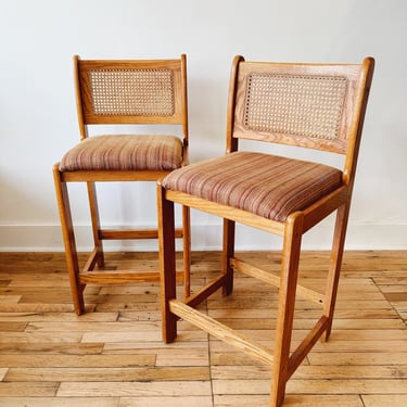 Pair of Cane Backed Upholstered Stools