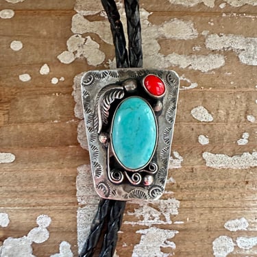 VINTAGE FEATHER FRAME Turquoise & Coral Bolo Tie w/ Leather Cord | Sterling Silver Bolo | Native American Navajo Mens Jewelry, Southwestern 