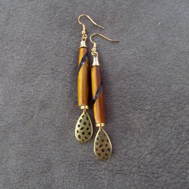 Long hair pipe bone and brass earrings 