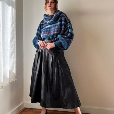 80s Black Leather Full Midi Skirt | S