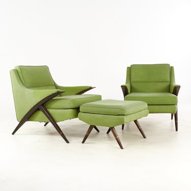 Karpen of California Mid Century Reading Lounge Chairs and Ottoman - Pair - mcm 