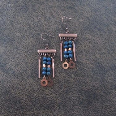 Lava rock chandelier earrings copper and blue 