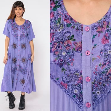 Indian Embroidered Dress 90s Purple Floral Maxi Dress Flower Print Embroidery Day Summer Grunge Hippie Short Sleeve Vintage 1990s Medium M 