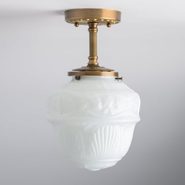 Semi Flush Mount - Cast Brass - Ornate Lighting -  Brass Ceiling Light Fixture - Opal/White Handblown Glass - Historic Design 