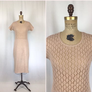 Vintage 50s dress | Vintage beige knit sweater dress | 1950s taupe Diamond pattern knitwear dress 