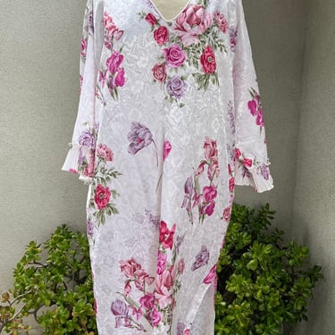 Vintage pretty white pink floral Mary McFadden dress kaftan size L/XL 