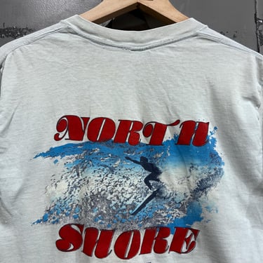 Size Medium early 70s North shore Hawaii brand surf company surfing 1980s graphic t shirt teal 