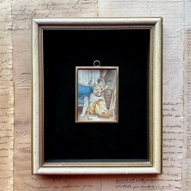 Unusual Antique Miniature Portrait Painting Woman Playing a Guitar, Victorian 