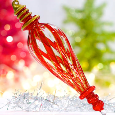 VINTAGE: 7.25" Hand Blown Red Swirl Glass Ornament - Red and Gold Ornaments - Christmas - SKU 00035116 