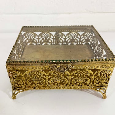 Vintage Vanity Box Dresser Jewelry Storage Floral Mirror Mid-Century Hollywood Regency Rococo Gold MCM Mid Century 1960s 
