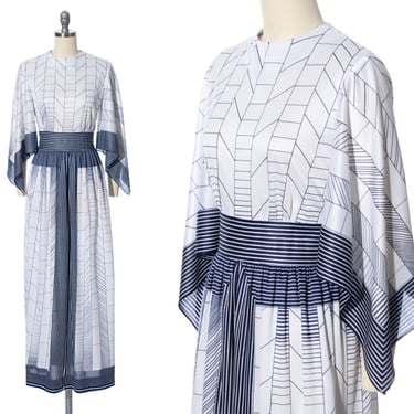 Vintage 1970s Maxi Dress | 70s Nautical Geometric Printed Jersey Kerchief Sleeve White Blue Full Length Sheath Boho Dress (small) 