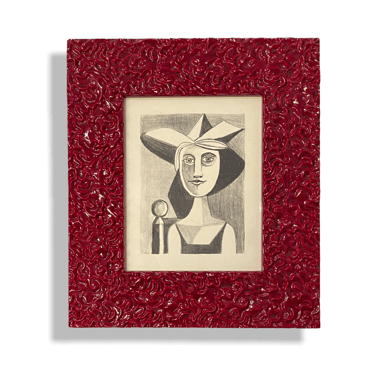 Jack Hammack 1947 cubist etching in textural red Italian frame
