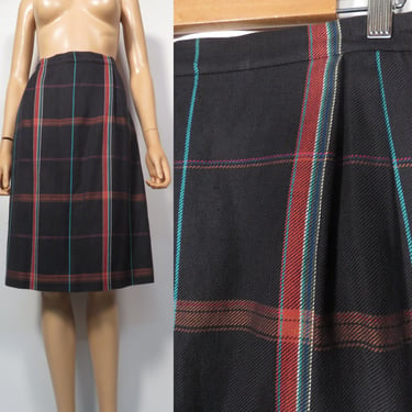 Vintage 90s Perry Ellis Plaid Cotton Linen Blend Pencil Skirt With Pockets Size M/L 28/29 Waist 