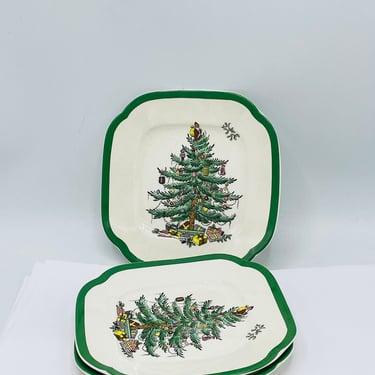 Set of (3) Spode Christmas Tree 5 3/4” Square Bread & Butter Dessert Plates ENGLAND- Square Nice Condition 