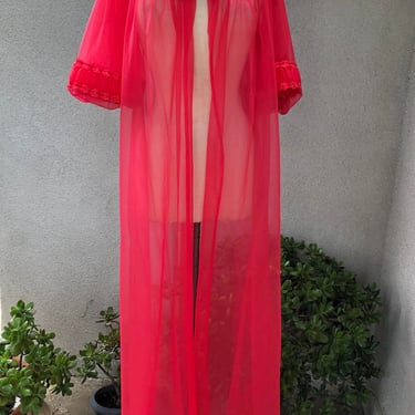 Vintage Wounded Bird raspberry pink nylon chiffon lingerie robe floral accents size medium 