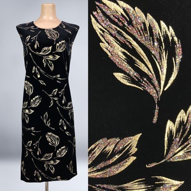 VINTAGE 80s 90s Black Velvet and Gold Metallic Painted Shift Dress By Maggie Sweet 1X | 1990s Holiday Collection Party Dress | VFG 
