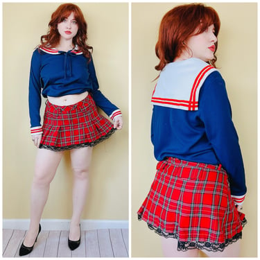 Y2K LEI Rayon Red Mini Skirt / Vintage Lace Trim Low Rise Plaid Schoolgirl Skirt / Large - XL 