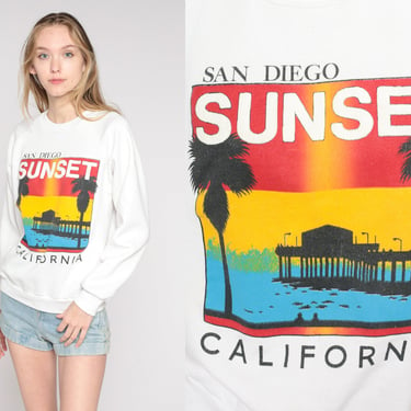 San Diego Sweatshirt 80s 90s Sunset Palm Tree California Shirt Beach Tourist Top Graphic Tee Raglan Sleeve Vintage 1990s White Small Medium 