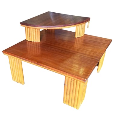 Restored Two-Tier Rattan Corner Table W/ Mahogany Top 