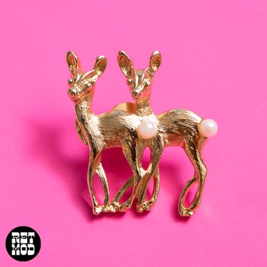 Super Sweet Vintage Gold Pair of Deer with Pearl Tails 