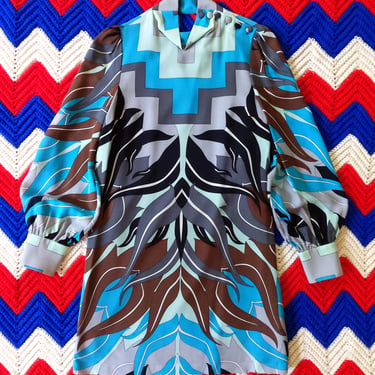 Psychedelic Vintage-Style Blue Gray Brown Patterned Silk Dress 