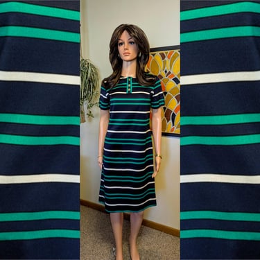 Vintage 1960s Navy, Green & White Striped Nautical Short Sleeve Shift Dress with Button Detail / 60s 70s Mod Spring Summer 