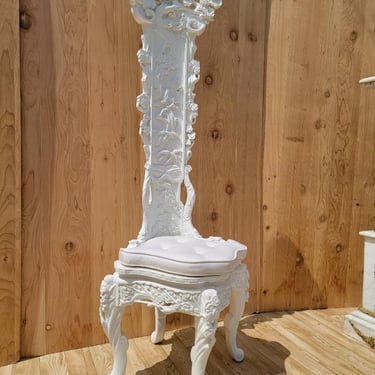 Antique Venetian Hand Carved Figural Bird & Floral Motif White Lacquered High Back Corner Throne Chair