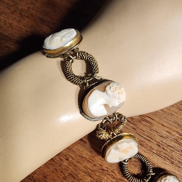 Antique Carved Shell Cameo Link Bracelet Early 1900s Handmade Jewelry Victorian Edwardian 7.6 Inches 