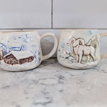 Vintage 1980 Pottery Coffee Mugs Alaska by LeabPare Winter Mountain Cabin Big Horn Sheep 