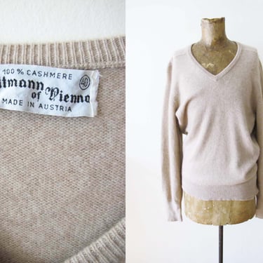 Vintage Tan Beige Cashmere V Neck Sweater Shirt M L - Neutral Knit Soft Cashmere Long Sleeve Top - Solid Color - Minimalist Preppy 