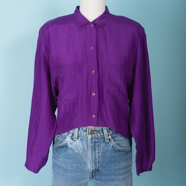Vintage 1980s Restless Clothiers Ultra Thin Purple Crinkle Silk Cropped Button Down Blouse 