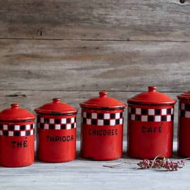 Antique French Set of 6 Red Enamel Canister Set Storage Container Jars Checkered Design - 1920s 