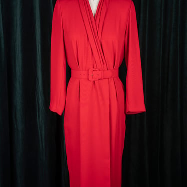 Vintage 1980s Liz Claiborne Gorgeous Red Wrap Dress with Shoulder Pads and Belt 