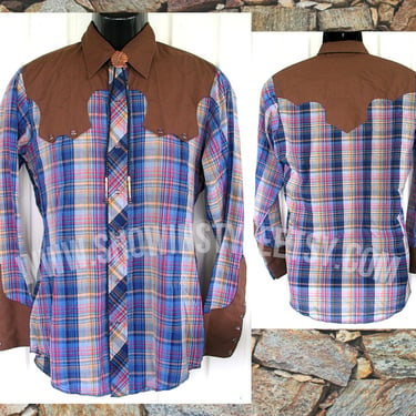 Chute #1 Vintage Western Men's Cowboy & Rodeo Shirt, Dark Blue, Light Blue Plaid, Tag Size 15.5 34, approx. Medium (see measurements) 