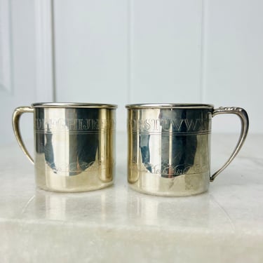 Vintage Wm A Rogers Silver Plated Child Cup set of 2, etched Alphabet and Elephant Parade, for, Baby shower, twins, child’s room decor, gift 