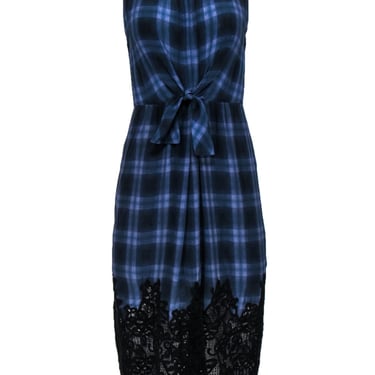 Rebecca Taylor - Navy & Purple Plaid Sleeveless Tie Front Dress w/ Lace Hem