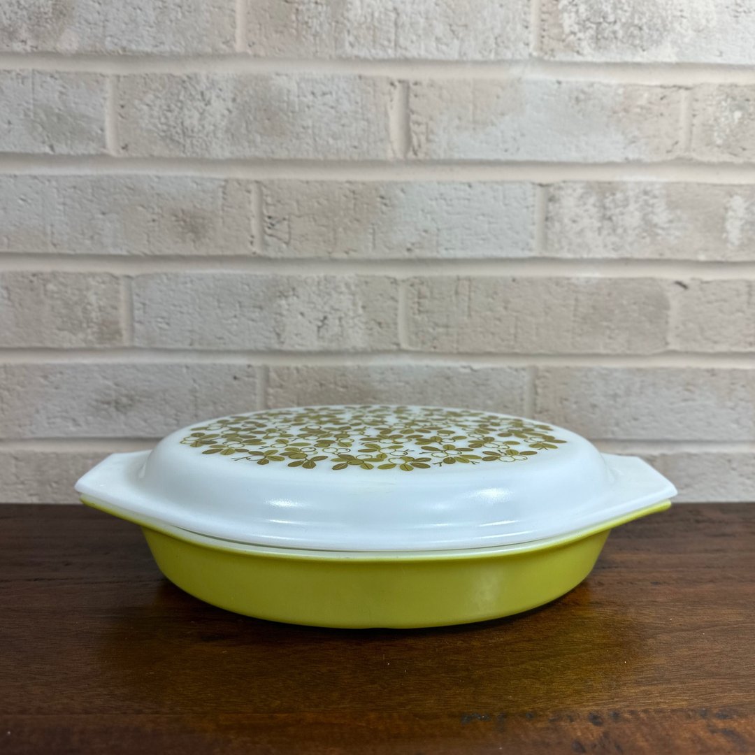 Vintage Pyrex Square Flowers Verde Divided Casserole Dish 1 1/2 Quart with  Lid